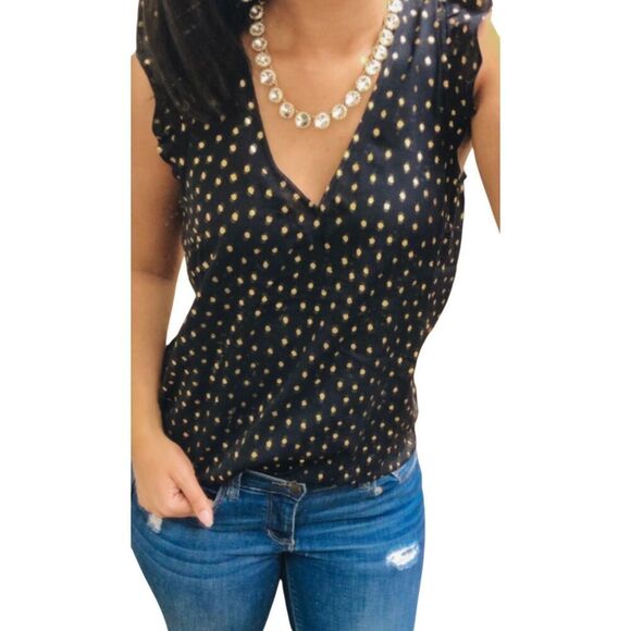 J.Crew Women's Flutter-Sleeve Top black chiffon with gold polka dots size 6 - Picture 1 of 9